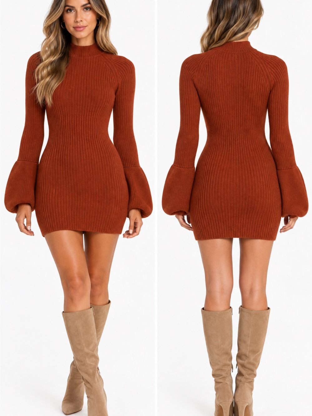 Rachel Parcell Rust Ribbed Sweater Mini Dress – Balloon Sleeves, S